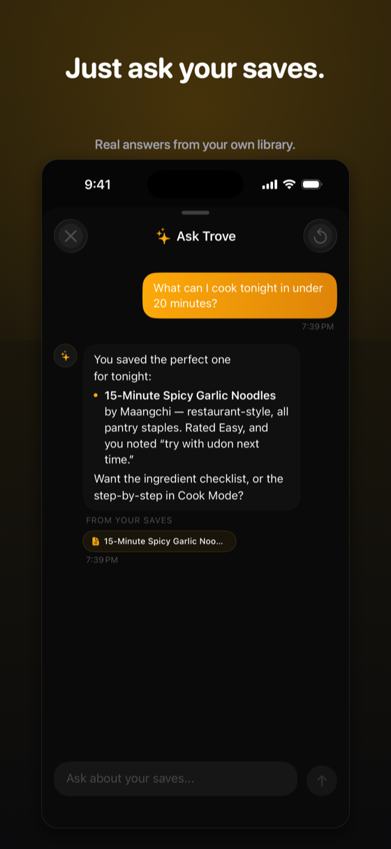 Ask Trove answering 'What can I cook tonight in under 20 minutes?' with a cited recipe from the user's saves