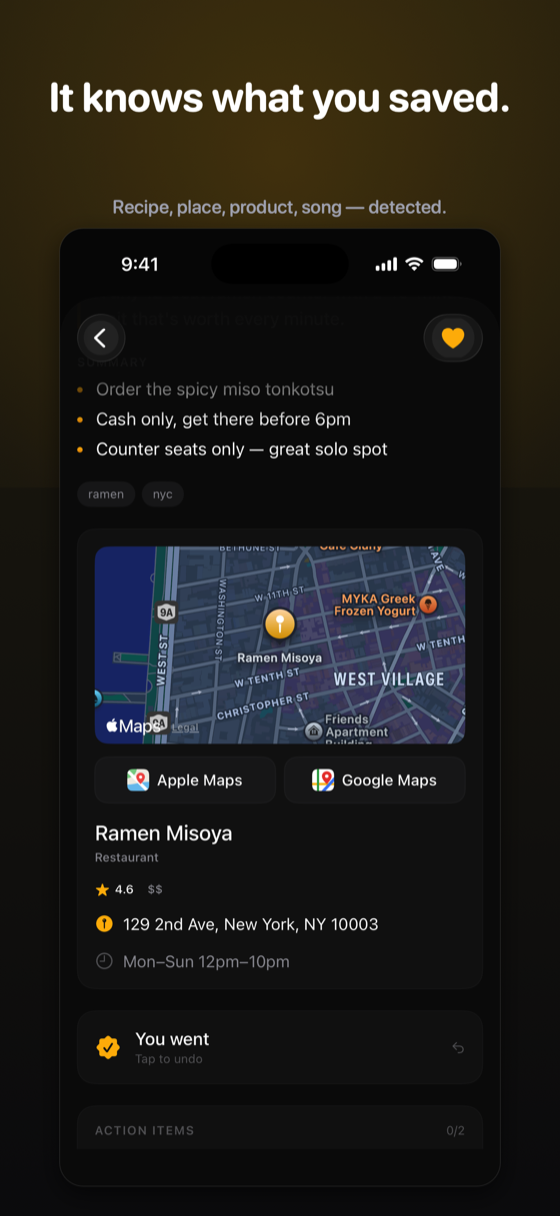 A saved restaurant detected from a video, shown on a map with address, hours, and Apple Maps and Google Maps buttons