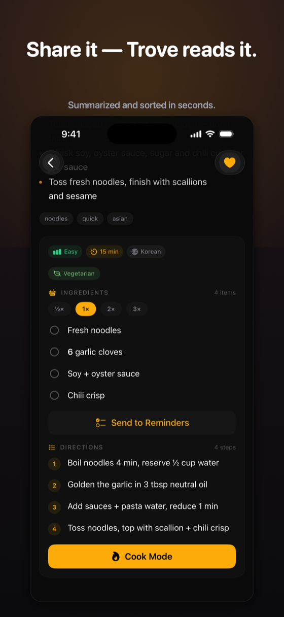 A recipe saved from a video, with detected ingredients, scalable quantities, step-by-step directions, and Cook Mode