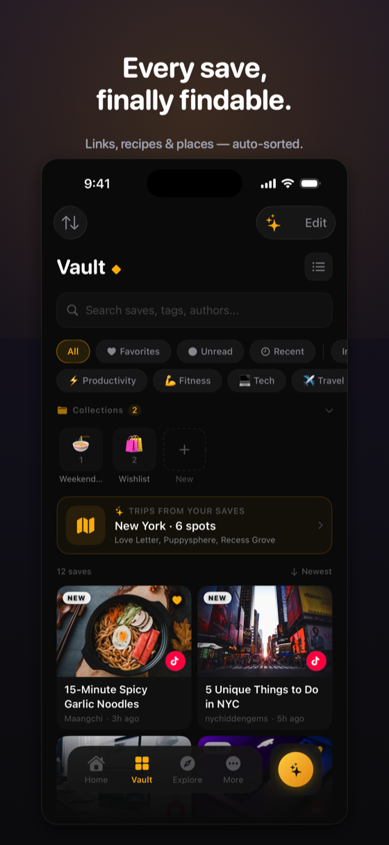 The Trove Vault showing auto-sorted saves with search, collections, and a trip suggestion built from saved places
